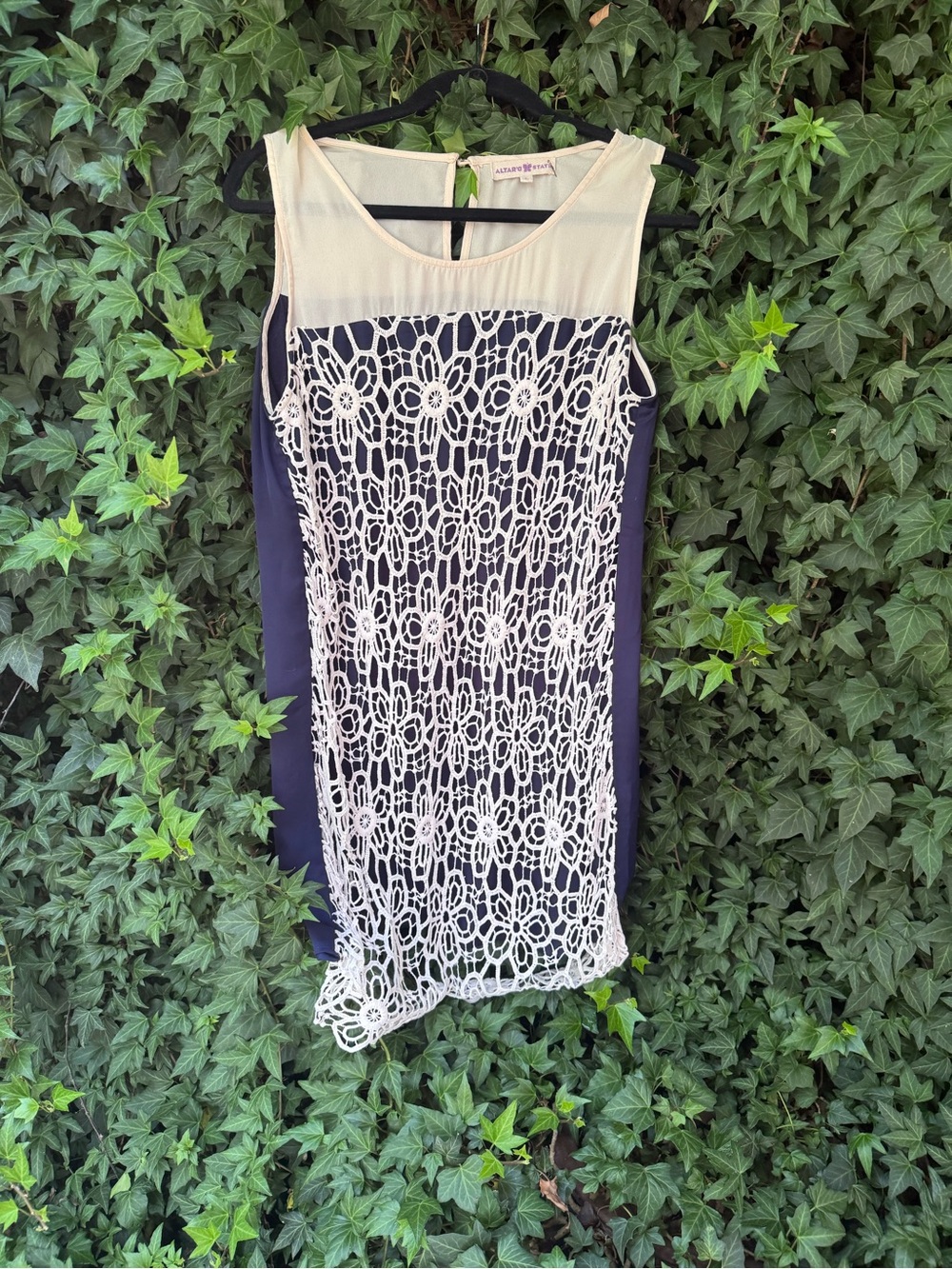Altar'd State Navy and Cream Lace Overlay Sheath Dress